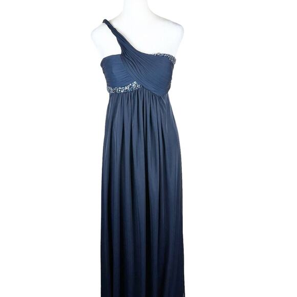 Cache 2 Blue Beaded Sequin Jersey One Shoulder Asymmetric Maxi Draped Dress - Picture 1 of 6
